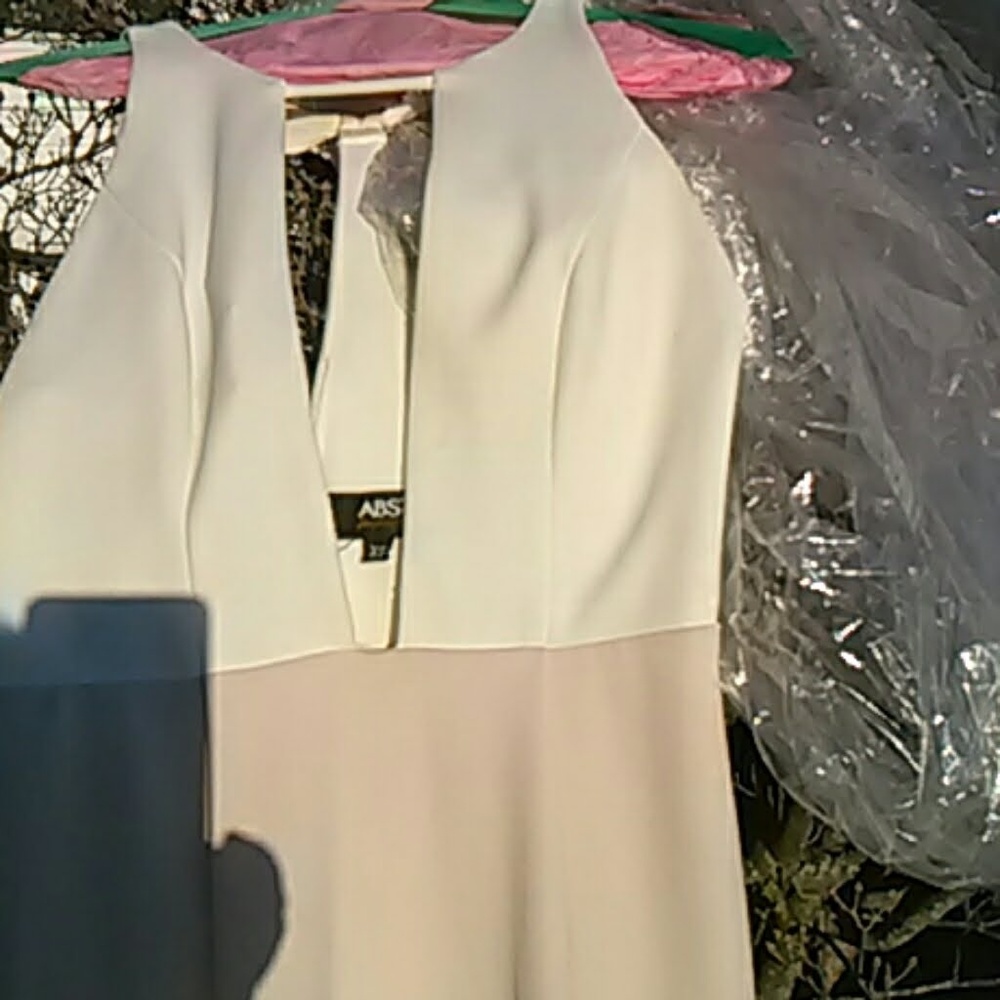 Sexy full length cream/blush prom dress.